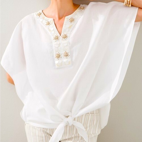 Chico's Tops - Chicos Boho Beaded Tie Front Blouse Linen Blend Beachy Top Soze Medium